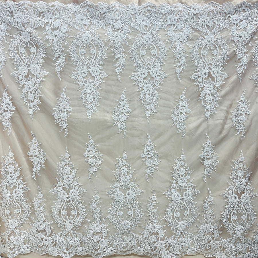 1 Yard Beaded and Corded Bridal Lace Fabric Embroidered on Polyester Net Mesh White and Ivory