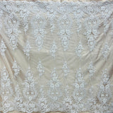 1 Yard Beaded and Corded Bridal Lace Fabric Embroidered on Polyester Net Mesh White and Ivory