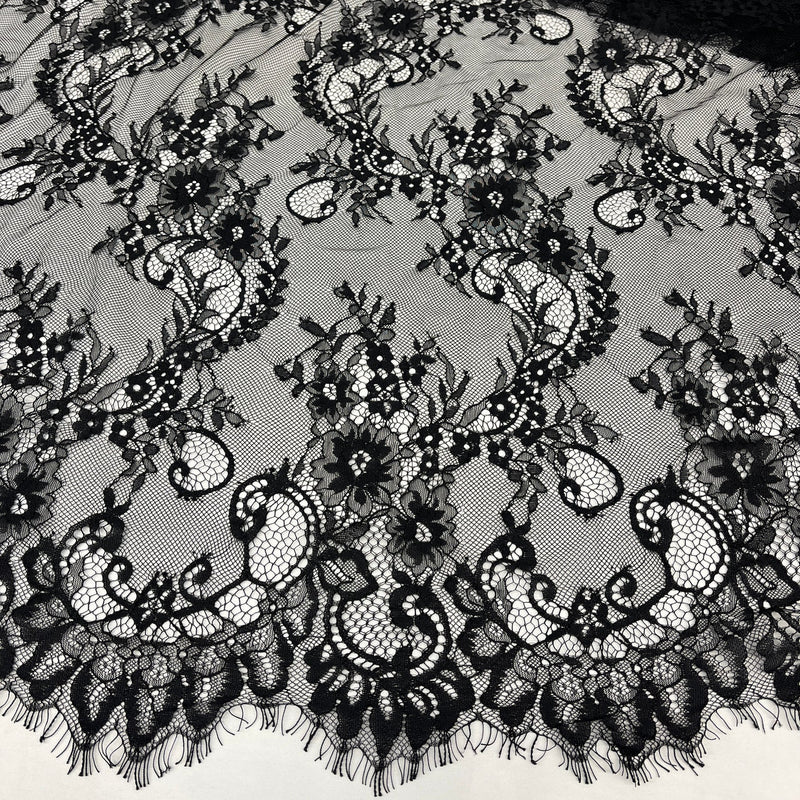 1 Yard Chantilly Embroidered Lace Fabric with Eyelash Scallop, 58" Wide French Alençon Bridal & Evening Lace