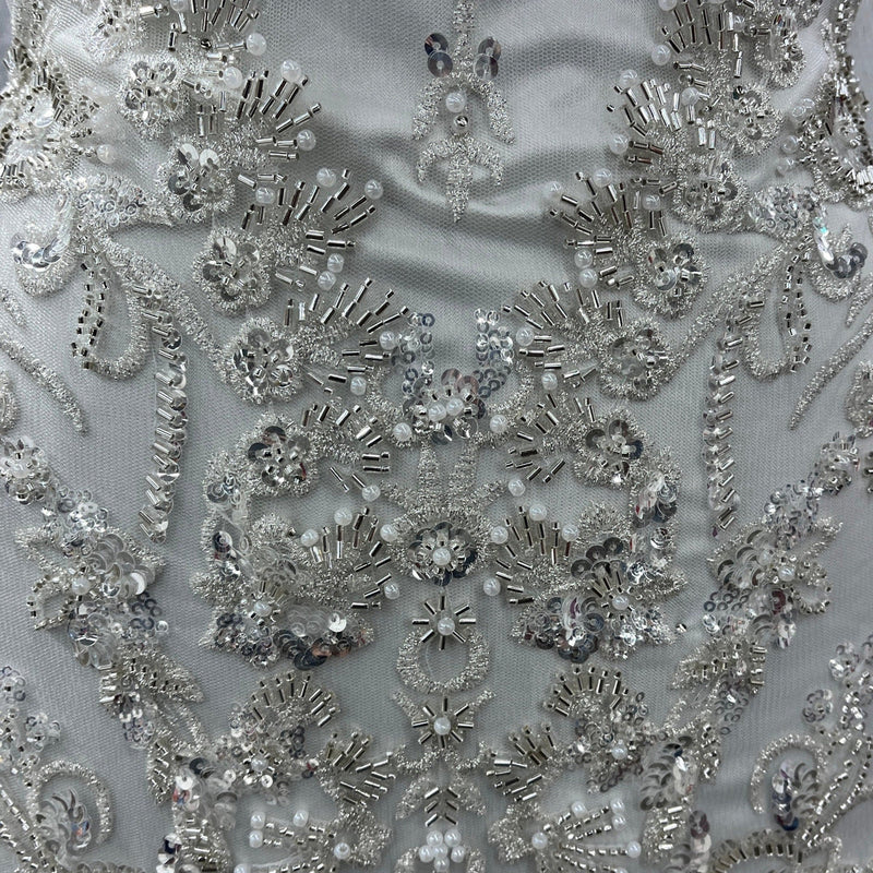 1 Yard Beaded Lace Embroidered 100% Polyester Net Sheer Bridal & Evening Dress Fabric