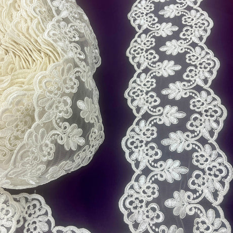 1 Yard Corded Double Sided Lace Trimming Embroidered on 100% Polyester Net Mesh 6" Wide