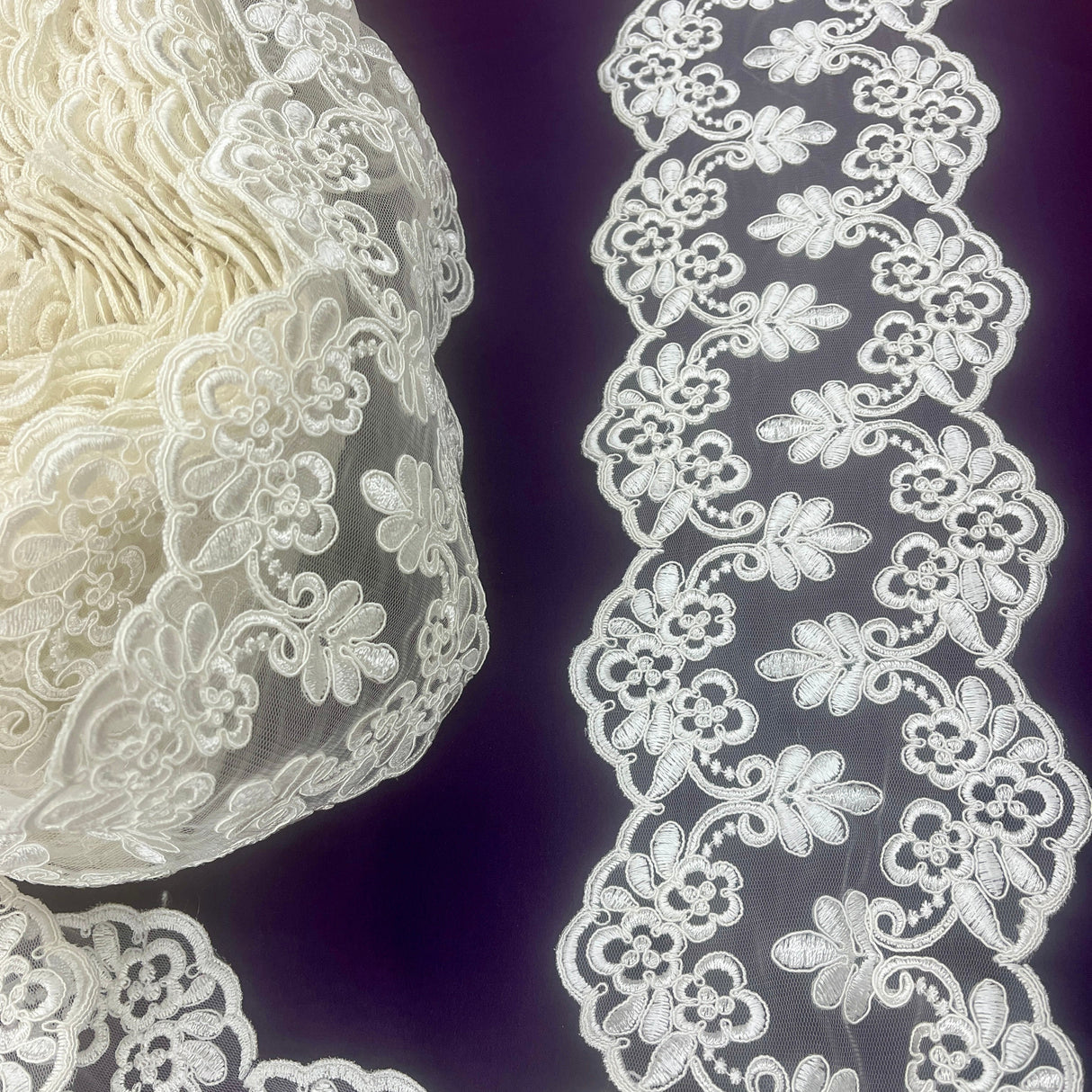 Corded Floral Lace Trim Ivory 6 Inch