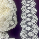 Double-Sided Floral Corded Lace Trim Polyester Fabric - Ivory With Silver, Scalloped Edge, 6" Wide (1 Yard)