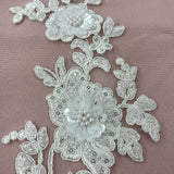 Beaded Corded Floral 3D Lace Applique Polyester Fabric - Gold, Silver, Ivory, White, 14" X 3" Wide Each Side (1 Pair)