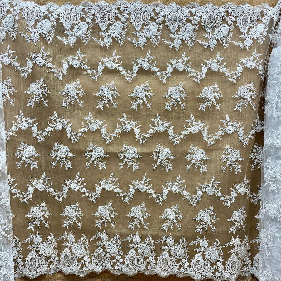 1 Yard Beaded & Corded Bridal Lace Fabric Embroidered on 100% Polyester Net Mesh
