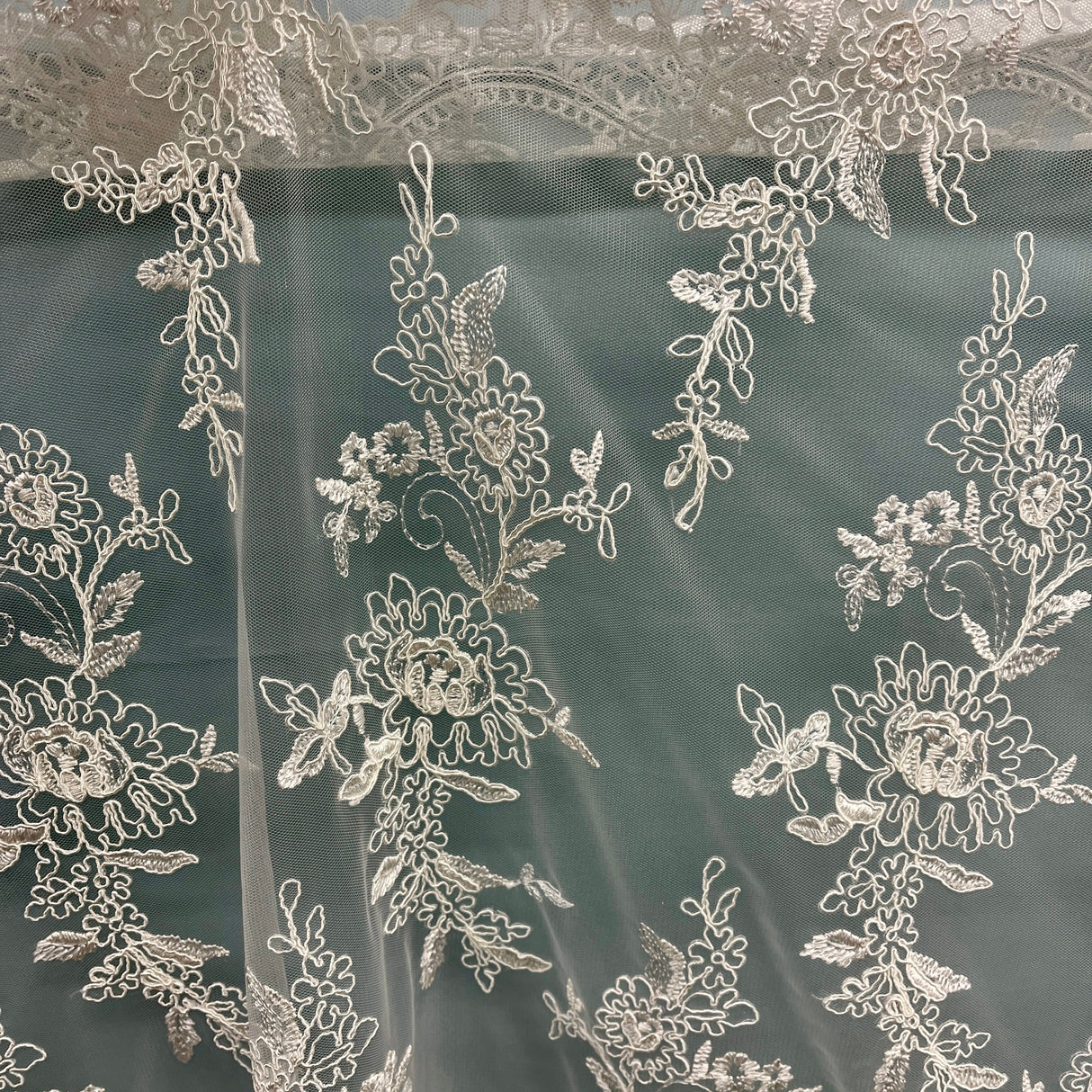 Corded Bridal Lace Fabric Embroidered on Polyester Net Mesh 51" Wide