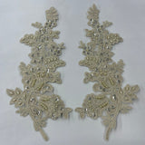 Beaded Corded Floral Lace Applique 100 Percent Polyester Fabric - Embroidered Net Mesh, 12" X 3.5" Each Side (1 Pair)