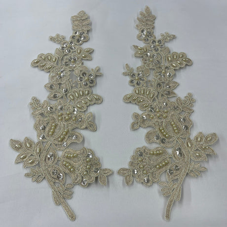 Beaded Corded Floral Lace Applique 100 Percent Polyester Fabric - Embroidered Net Mesh, 12" X 3.5" Each Side (1 Pair)