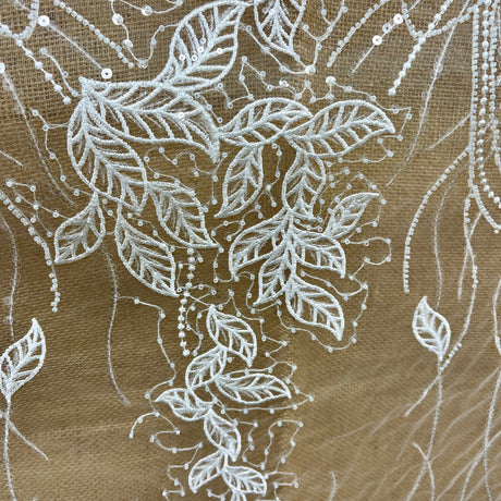 Beaded Sequined Lace Fabric Leaf Vine