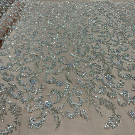 Beaded Lace Fabric Embroidered Mesh Champagne