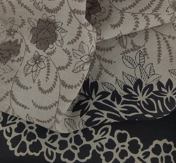 1 Yard Cotton Voile Fabric Double Border Taupe Tan Black Print 44/45" Width Apparel Fabric