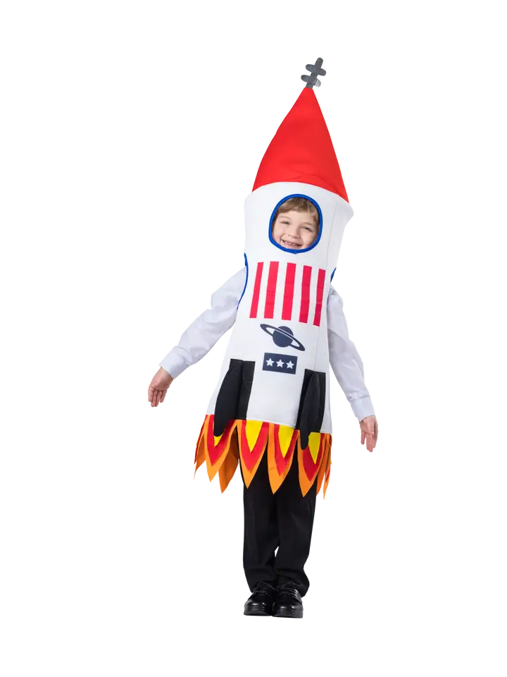 Kids rocket ship costume tunic with red cone nose and flame design