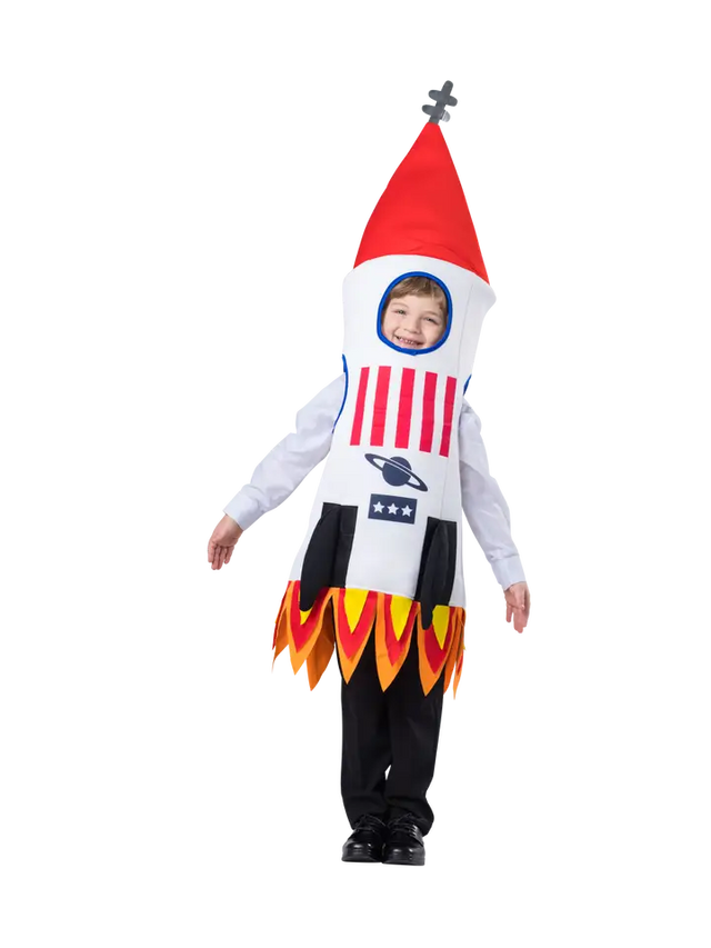 Kids rocket ship costume tunic with red cone nose and flame design