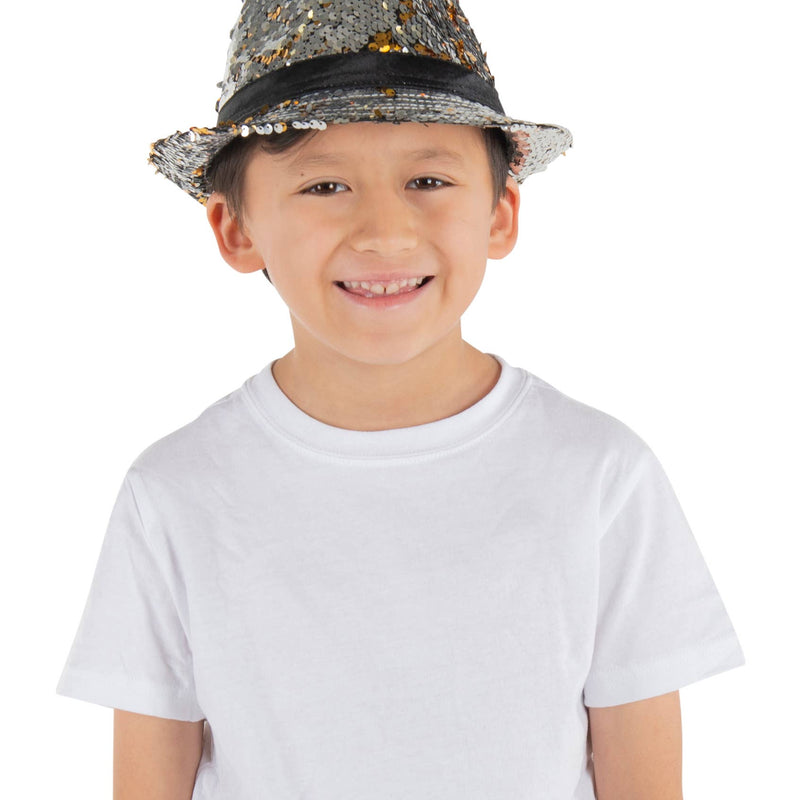 Reversible silver and gold sequin hat with black band