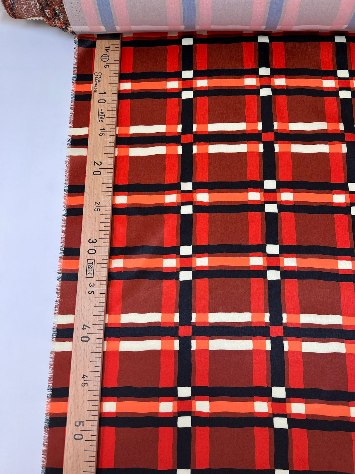 Polyester Sateen Checked Red Brown