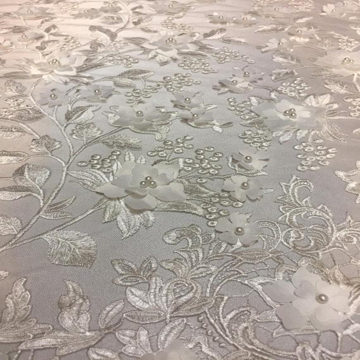3D Embroidered Satin Floral Pearl Lace Fabric - 100 Percent Polyester Fabric, Floral Pearl Embroidery, 52" Width, 12" Panel (1 Yard)