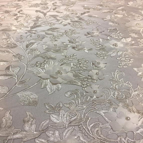 3D Embroidered Satin Floral Pearl Lace Fabric - 100 Percent Polyester Fabric, Floral Pearl Embroidery, 52" Width, 12" Panel (1 Yard)