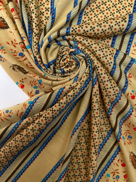 Acrylic Knitted Fabric Beige Blue Printed Lightweight Stretch