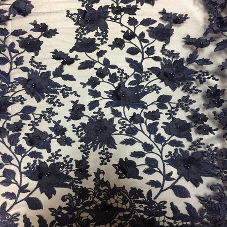 3D Embroidered Satin Floral Pearl Lace Fabric - 100 Percent Polyester Fabric, Floral Pearl Embroidery, 52" Width, 12" Panel (1 Yard)