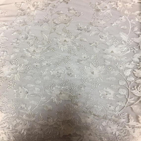 3D Embroidered Satin Floral Pearl Lace Fabric - 100 Percent Polyester Fabric, Floral Pearl Embroidery, 52" Width, 12" Panel (1 Yard)