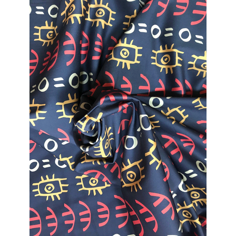 Abimbola Stretch Cotton Satin Fabric - Navy, Orange, Marigold, Beige African Print, 58" Width (1 Yard)