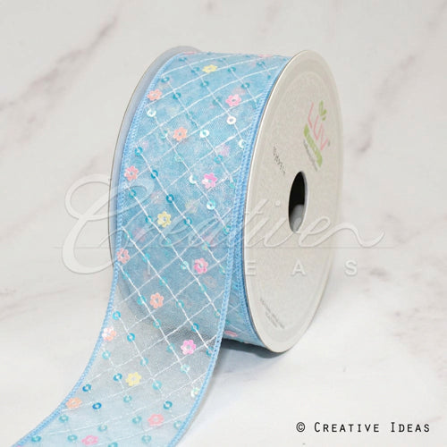 1 1/2" Criss Cross Stitch W/Floral Sequins Mesh Ribbon-10 Yd (Blue)