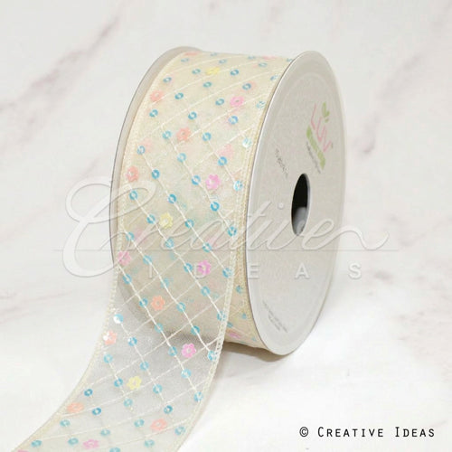 1 1/2" Criss Cross Stitch W/Floral Sequins Mesh Ribbon-10 Yd (Ivory)