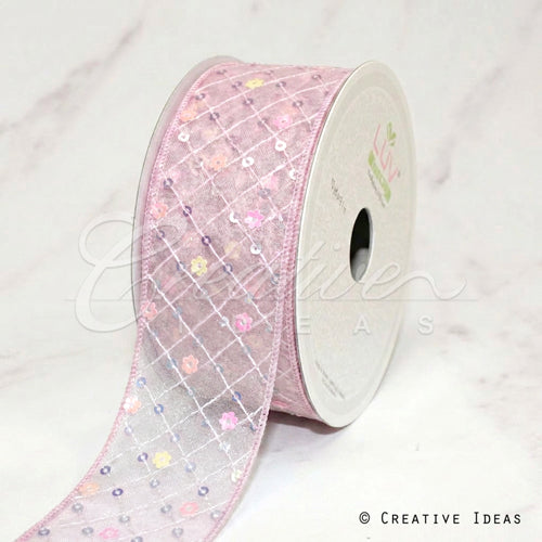 1 1/2" Criss Cross Stitch W/Floral Sequins Mesh Ribbon-10 Yd (Pink)