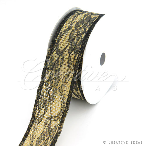 1 1/2" Faux Burlap Lace Ribbon -10 Yards (Black)