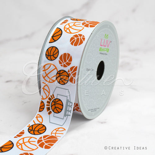 1 1/2" Grosgrain Basketball Swish Ribbon-10 Yds (White)
