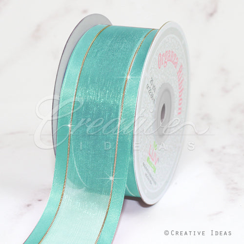 1 1/2" Organza With Satin And Gold Edge Ribbon - 25 Yards (Aqua)