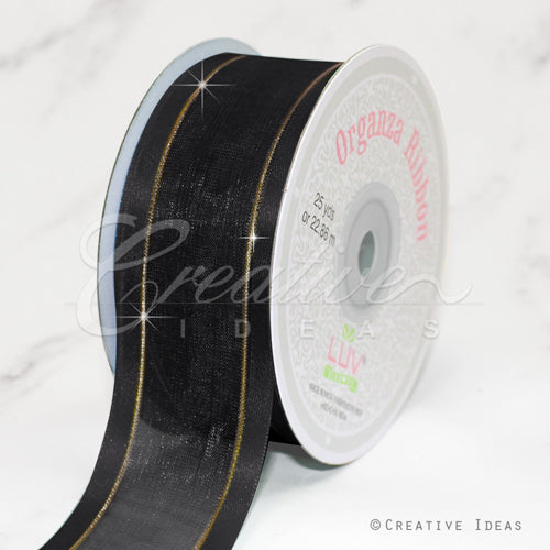 1 1/2" Organza With Satin And Gold Edge Ribbon - 25 Yards (Black)