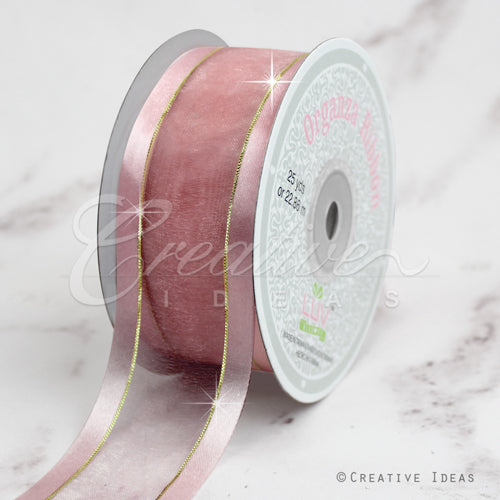 1 1/2" Organza With Satin And Gold Edge Ribbon - 25 Yards (Blush)