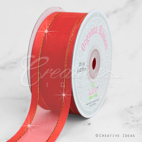 1 1/2" Organza With Satin And Gold Edge Ribbon - 25 Yards (Coral)