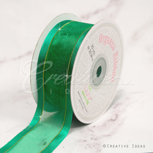 1 1/2" Organza With Satin And Gold Edge Ribbon - 25 Yards (Emerald Green)