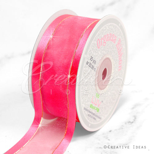 1 1/2" Organza With Satin And Gold Edge Ribbon - 25 Yards (Hot Pink)