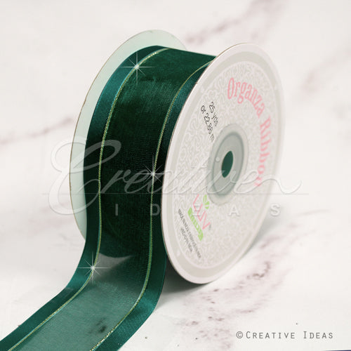 1 1/2" Organza With Satin And Gold Edge Ribbon - 25 Yards (Hunter Green)