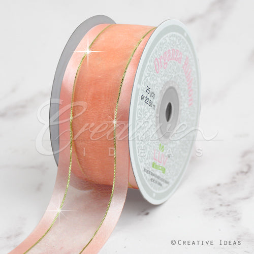 1 1/2" Organza With Satin And Gold Edge Ribbon - 25 Yards (Light Peach)