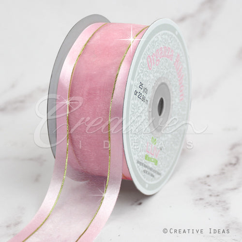 1 1/2" Organza With Satin And Gold Edge Ribbon - 25 Yards (Light Pink)