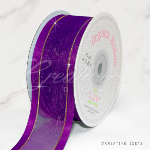 1 1/2" Organza With Satin And Gold Edge Ribbon - 25 Yards (Plum)