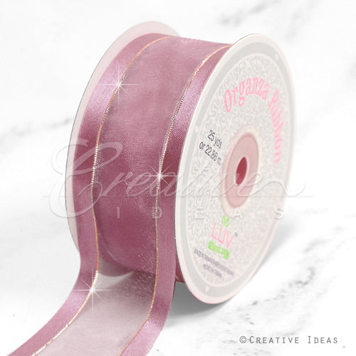 1 1/2" Organza With Satin And Gold Edge Ribbon - 25 Yards (Rosy Mauve)