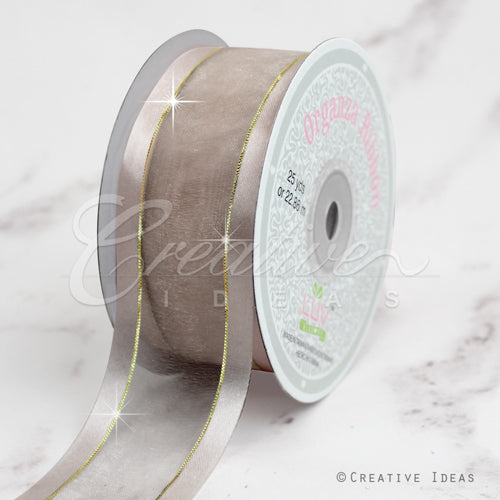 1 1/2" Organza With Satin And Gold Edge Ribbon - 25 Yards (Toffee)