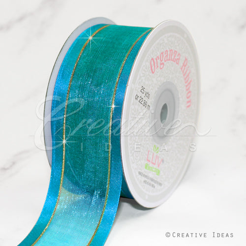 1 1/2" Organza With Satin And Gold Edge Ribbon - 25 Yards (Turquoise)