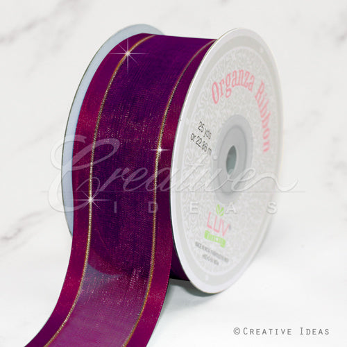 1 1/2" Organza With Satin And Gold Edge Ribbon - 25 Yards (Wine)