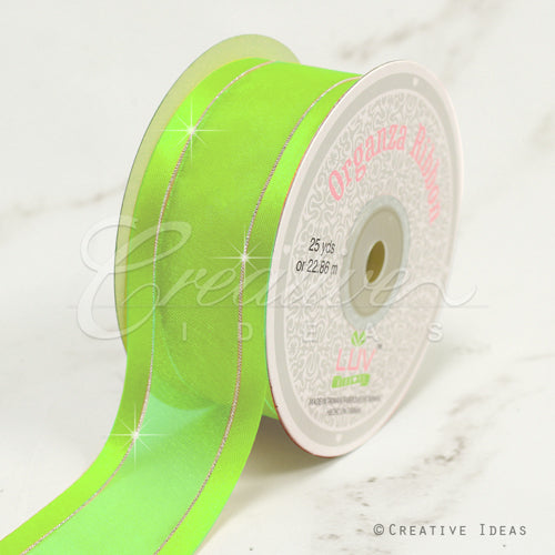 1 1/2" Organza With Satin & Silver Edge Ribbon - 25 Yards (Apple Green)