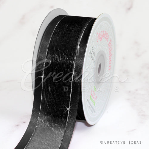 1 1/2" Organza With Satin & Silver Edge Ribbon - 25 Yards (Black)