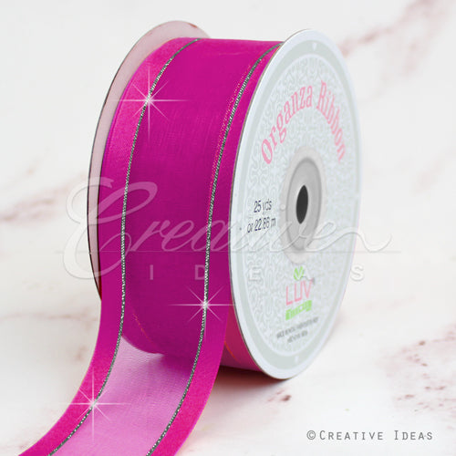 1 1/2" Organza With Satin & Silver Edge Ribbon - 25 Yards (Fuchsia)