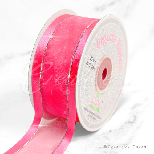 1 1/2" Organza With Satin & Silver Edge Ribbon - 25 Yards (Hot Pink)