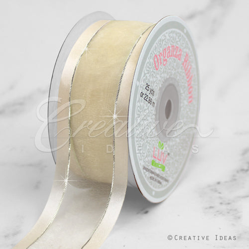 1 1/2" Organza With Satin & Silver Edge Ribbon - 25 Yards (Ivory)