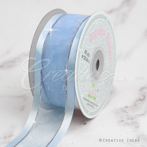 1 1/2" Organza With Satin & Silver Edge Ribbon - 25 Yards (Light Blue)